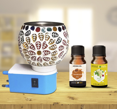 PeepalComm Home Scented Ceramic Electric Burner Lamp+2 Sandal & Mogra (10ml Each ) Aroma Oil, Diffuser Set, Refill Premium Ceramic Electric Air Freshener Burner Cum Night Lamp with Switch to Toggle Between Burner and Lamp With 2 Aroma Oil ( 10ml Each) Sandalwood & Mogra gift Set(20 ml)