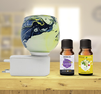 PeepalComm Home Scented Marble Printed Electric Burner Lamp With Mogra Lavender (10ml Each) Aroma Oil, Diffuser Set, Refill Unique Marble Printed Design Electric Air Freshener Burner Cum Night Lamp with Switch to Toggle Between Burner and Lamp With 2 Aroma Oil ( 10ml Each) Mogra & Lavendert Scented 