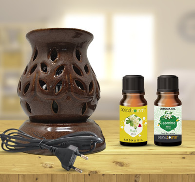 PeepalComm A3 Handcrafted Ceramic Electric Fragrance Diffuser Oil Burner With 20ml Aroma Oil, Diffuser Set, Refill A3 Round Electric Diffuser | Aroma Essential Oil Diffuser for Aromatherapy| Electric Night Lamp Aroma Oil Diffuser for Home Fragrance(Brown) Round Shape Electric Aroma Diffuser With 2 A