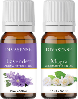 Divasense Lavender, Mogra Aroma Oil, Diffuser, Diffuser Set, Potpourri, Refill Aroma Essential Oils for Diffuser Lavender and Mogra of 15ml Each | Aroma Oil Diffuser for Home Fragrance | Set of 2(2 x 7.5 ml)