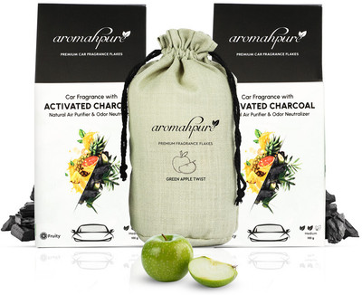 Aromahpure Premium Car Perfume Flakes with Activated Charcoal|Green apple Fragrance Diffuser Green apple Flakes with Activated Charcoal (100 Grams)(2 x 100 g)