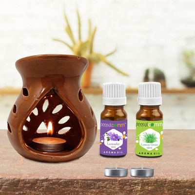 PeepalComm Ceramic Brown Oil Burner Diffuser With 2 candle & 2 10ml Lavender Lgrass Aroma Oil, Diffuser Set Ceramic Brown Oil Burner Diffuser With 2 10ml Each Lavender Lgrass Aroma Oil ( 20ml ) & 2 T-Light Candles For Home Office Hotel Nice Fragrance In Atmosphere,Perfect For Gift(1 Units)