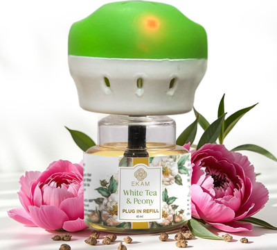 Ekam White Tea & Peony Scented Plug In Air Freshener Kit Automatic Spray White Tea & Peony Scented Plug In Air Freshener Kit With 45 ml Refill| Lasts up to 60 days| Used For Aromatherapy, Stress Relief And Relaxation(45 ml)