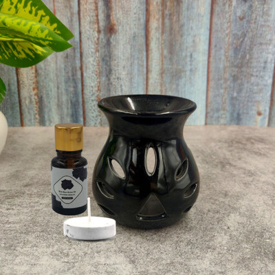 Home Delight Small Ceramic Black Diffuser With 10ml BlackRose Fragrance, One TeaLights Candle Diffuser Set, Aroma Oil Ceramic Diffuser Burner with Black Rose Aroma Oil 10ml and one Tea Light Candle for Home Fragrance (Black - 9CM)(3 x 1 Units)