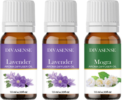 Divasense Home Fragrance Oil Burner, Lavender, Mogra Aroma Oil, Diffuser, Diffuser Set, Refill 10ml each Aroma Diffuser Oil/ Burner Oil, pack of 3 Freshener Fragrance(3 x 10 ml)