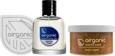 Airganic Aroma Car Freshener Combo Pack – Fine Spray Marine Fresh & Aroma Cube Swiss Wood Car Freshener Blocks(2 x 1 Units)