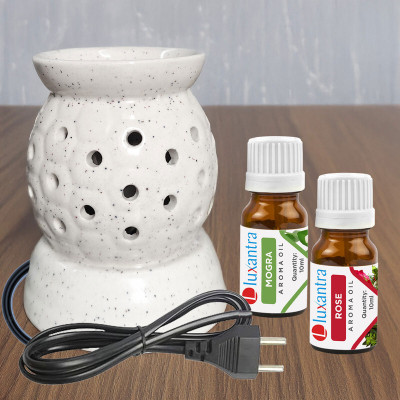 Luxantra Mogra and Rose Aroma Oils Diffuser Set with Ceramic Electric Fragrance Oil Burner Handmade(20 ml)