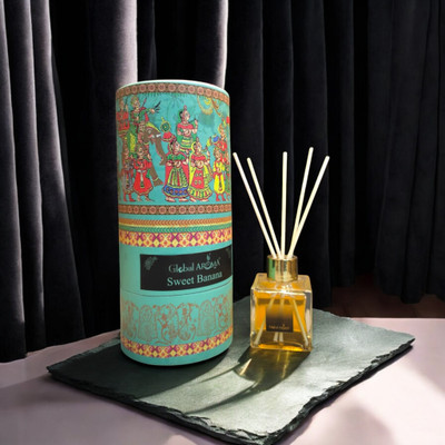 GLOBAL AROMA Reed Diffuser Set Sweet Banana Fragrance Diffuser Set CUBE-SWEETBANA-100ML-W-FIBER(100 ml)