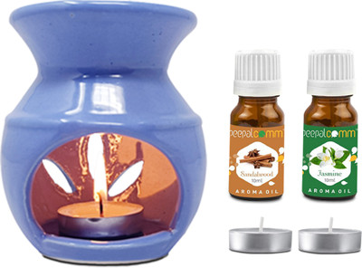 PeepalComm Ceramic Sky Blue Oil Burner Diffuser With 2 candles & 2 10ml Sandalwood+Jasmine Aroma Oil, Diffuser Set Home Décor Ceramic Sky Blue Oil Burner Diffuser With 2 10ml Jasmin Sandalwood Aroma Oil ( 20ml ) & 2 T-Light Candles For Home Office Hotel Nice Fragrance In Atmosphere, Perfect For Gift