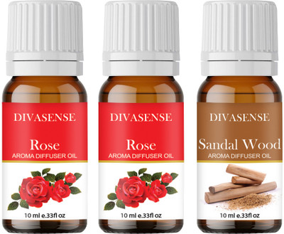 Divasense Aroma Oil For Home Fragrance, Rose, Sandalwood Diffuser 10ml each Aroma Diffuser Oil/ Burner Oil, pack of 3 Freshener Fragrance(3 x 10 ml)