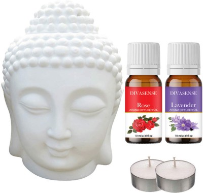 Divasense Buddha Essential Oil Burner Diffuser, 2 T-candles & 2 High Scented, Lavender, Rose, Aroma Oil, Diffuser Set(2 x 15 ml)