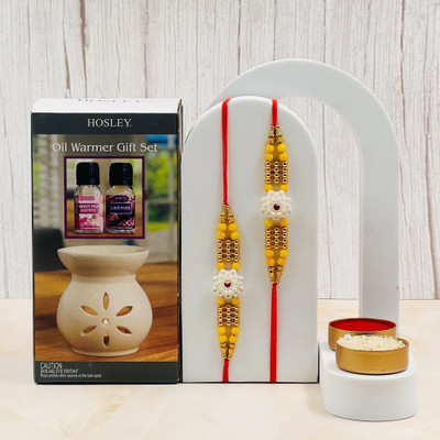 Hosley Scented G91417 Assorted Diffuser  Set(Ceramic Aroma Oil Warmer with 10ml lavendar Oil and Tealight Rakhi Gift Set)