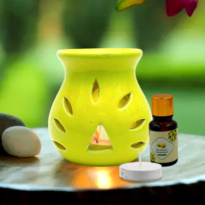Home Delight Medium Ceramic Yellow Diffuser With 10ml Citrus Fragrance, One Tea Lights Candle Diffuser Set, Aroma Oil HD-M-Diffuser-Yellow-Lemon-01(3 x 1 Units)