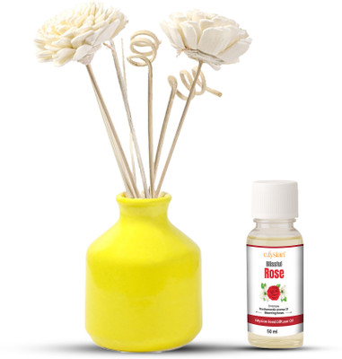 Edysian Rose Diffuser Set Rose Ceramic Reed Diffuser Set – Round | Yellow Diffuser with Natural Reeds | Home & Office Fragrance(5 x 10 ml)