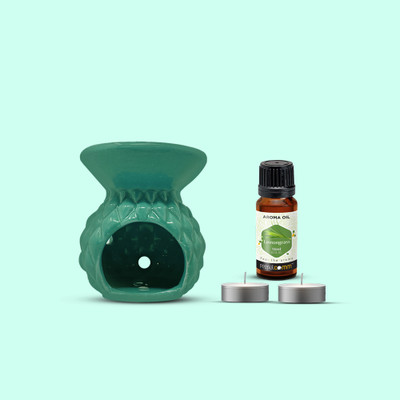 PeepalComm S1 Premium Aroma Oil Burner (Free 2 T-Light Candles & 1 Bottle LGrass Oil) Aroma Oil, Diffuser Set, Refill Combo Pack -Premium Green Ceramic Aroma Oil Burner Diffuser + 1 High Scented Lemon Grass Aroma Oil ( 15ml Each ) For All Air Freshener ( 2 Small t-light candles Free )R1(15 ml)