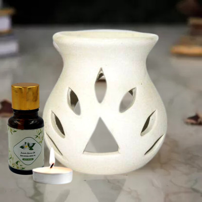 Home Delight Small Ceramic White Diffuser With 10ml Jasmine Fragrance, One Tea Lights Candle Diffuser Set, Aroma Oil Ceramic White Aroma Diffuser with 10ml Jasmine Fragrance &One Tea Lights Candles(3 x 1 Units)