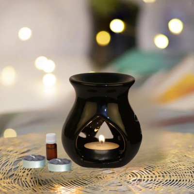 Jimkia Ceramic Tealight Diffuser Black 97 Candle Holder Oil Burner, Lemongrass Aroma Oil, Diffuser, Diffuser Set(10 ml)
