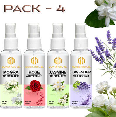 Govita Naturals Rose, Mogra, Lavender, Jasmine Car Freshener Spray Room Freshner Fresh Rose+Mogra+Lavender+Jasmine Combo(400 ml)