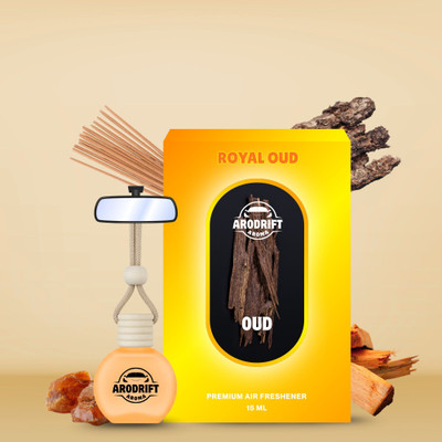 AroDrift Royal Oud Aroma Oil, Diffuser Set, Refill Premium Hanging Car Perfume Pack Of 1 Royal Oud Last Up to 30 Days Car Accessories Natural Essential Fragrance Oils in Glass Bottle with Wooden Diffuser Lid 15ML(15 ml)