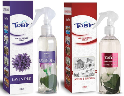 TOBY LAVENDER , JANNAT E FIRDOUS AIR FRESHENER ,250 ml each ,pack of 2. Spray LAVENDER , JANNAT E FIRDOUS AIR FRESHENER ,250 ml each ,pack of 2.(2 x 250 ml)