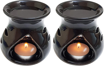 PeepalComm Set Of 2 Home Scented Aroma Oil Burner Black Color Diffuser With 2 10 ml Aroma Oil, Diffuser Set Set Of 2 Ceramic Aroma Oil Burner Black Color Diffuser With 2 Aroma Oil 10ml Lavender And 2 T-light Candles Free(1 Units)