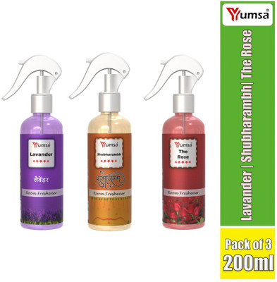 YUMSA Combo Pack of Air Freshener, Rose, Chandan/Sandal, Lavender Spray The Rose, Shubharambh and Lavander(3 x 200 ml)