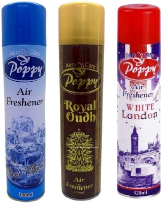 AEROCARE POPPY Cool, Royal Oud & White London Air Freshener Combo | A Wave of Freshness Spray(3 x 320 ml)