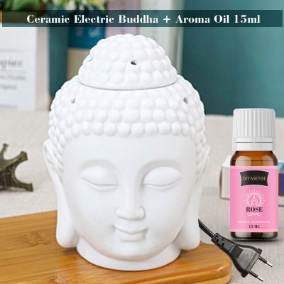 Divasense Ceramic Buddha Head Electric Oil Burner With Fragrance Oil, Rose Aroma Oil, Diffuser Set(15 ml)