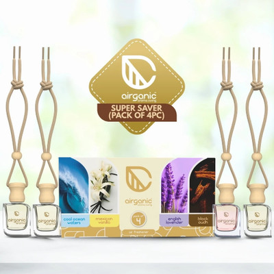 Airganic Aroma Swing pack 4 combo: Cool Ocean , Mexican Vanilla, Lavender & Black Oudh Car Freshener Diffuser Aroma with Essential Oils in Glass Bottle with Wooden Diffuser Lid| Car Hanging Accessories| Car Accessories Interior (4 x 10 ml)(4 x 10 ml)