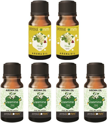 PeepalComm High Scented Aroma Oil Mogra Jasmine Set Of 6 For Freshener 4-2 Combo Aroma Oil, Refill, Diffuser Home Gift Scented Aroma Oil for Diffuser, Burner Kapoordani Set of 6 - Fragrance Scent - Jasmine & Mogra- Best for Home Office, Cool Mist Large Rooms, Bedroom, (Each 10ml) S14(60 ml)
