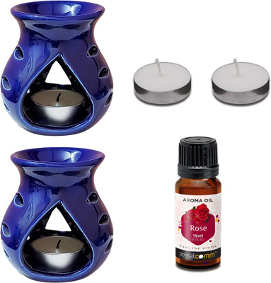 PeepalComm Set Of 2 Ceramic Aroma Blue Diffuser Oil Burner with Rose Aroma Oil, Refill Aroma Oil, Diffuser Set Combo-8cm Set Of 2 Home Scented Oil Burner Diffuser With 1 Rose 15ml Aroma Oil And 2 T-light Candles(1 Units)