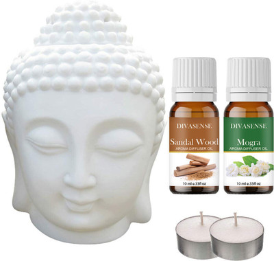 Divasense Ceramic, Buddha Burner, Sandal wood, Mogra Aroma Oil, Diffuser Set Ceramic Buddha Aroma Diffuser with 2pc 10ml Aroma Oil(2 x 15 ml)