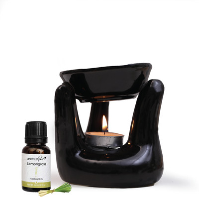 Aromahpure Tealight Ceramic Diffuser Hand Black with |Lemongrass oil & 4 Tealight Candles Diffuser TL-DIFFUSER(0.676 kg)