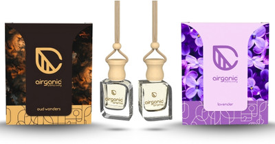 Airganic Aroma Swing Combo Offer : Oud Wonder & Lavender Car Freshener Diffuser Aroma Swing Combo Offer : Oud Wonder & Lavender |Aroma with Essential Oils in Glass Bottle with Wooden Diffuser Lid|Car Freshners|Premium Car perfume| Car Hanging Accessories| Car Accessories Interior(2 x 10 ml)