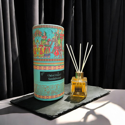 GLOBAL AROMA Reed Diffuser Set Sandalwood Fragrance Diffuser Set CUBE-SANDALWOOD-100ML-W-FIBER(100 ml)