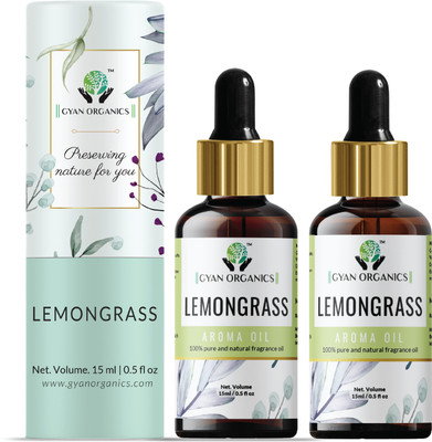 Gyan Organics Lemongrass Aroma Oil, Diffuser, Refill, Spray Aroma Oil Lemongrass Diffuser Refill Oil Fragrance Lemongrass Aroma Oil Fragrance for Home Room Office & Washrooms(2 x 15 ml)