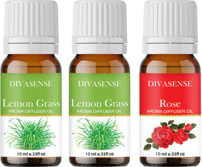 Divasense Home Fragrance Oil Burner, Lemongrass, Rose Aroma Oil, Diffuser, Diffuser Set, Refill 10ml each Aroma Diffuser Oil/ Burner Oil, pack of 3 Freshener Fragrance(3 x 10 ml)