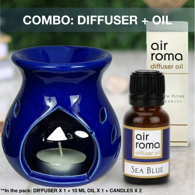 Airroma Aroma Oil Burner Set Blue (Free 2 Tea Light Candles & 10 ml Sea Blue Oil) Diffuser, Diffuser Set, Aroma Oil(4 x 1 Units)