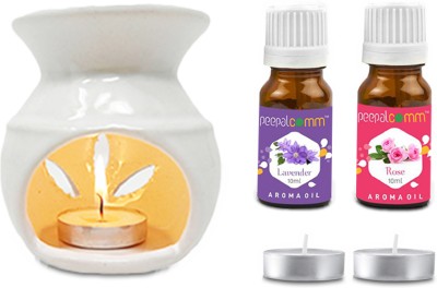 PeepalComm Ceramic White Oil Burner Diffuser With 2 candles & 2 10ml Lavender+Rose Aroma Oil, Diffuser Set(20 ml)