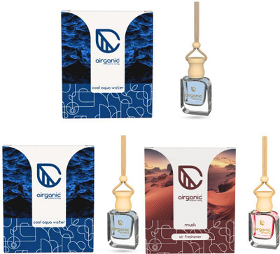 Airganic Aroma Swing Prime Combo Offer : Cool Aqua - Pack 2 & Musk Car Freshener Diffuser Aroma Swing Prime Car Perfume Hanging Pod | Cool Aqua - Pack 2 & Musk | Car Air Freshener |Natural Essential Fragrance Oils in Glass Bottle with Wooden Diffuser Lid |Last Upto 60 Days(3 x 10 ml)