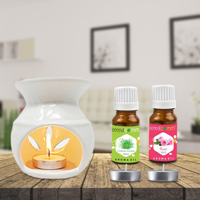 PeepalComm Ceramic White Oil Burner Diffuser With 2 candles & 2 10ml Lemon Grass+Rose Aroma Oil, Diffuser Set Luxury Home Décor Ceramic White Oil Burner Diffuser With 2 10ml Lemon Grass Rose Oil ( 20ml ) & 2 T-Light Candles For Home Office Hotel Nice Fragrance In Atmosphere, Perfect For Gifting Purp