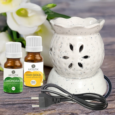 Aatiutik Lemongrass, Oud Gold Diffuser Set Handcrafted Ceramic Electric Diffuser for Home Fragrance Aroma Oils for Aromatherapy | Air Freshener | Camphor/Essential Oil Burner | Night Lamp Light(2 x 10 ml)