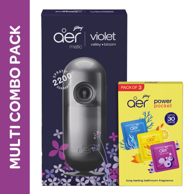 Godrej Aer Matic Kit (Machine + 1 Refill) - Violet Valley Bloom & Power Pocket - Pack of 3 Blocks Pocket Pack of 3 &(2 x 127.5 ml)