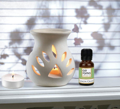 Airroma White Diffuser Set with Lemon Grass 10ml oil and 2pcs Candle Diffuser Set, Diffuser, Aroma Oil White Diffuser Set with Lemon Grass 10ml oil and 2pcs Candle(4 x 1 Units)