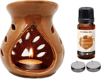 PeepalComm Premium Clay Candle Operated Brown Aroma Burner With 2 tlight,1 sandalwood 15ml Aroma Oil, Diffuser Set(1 Units)