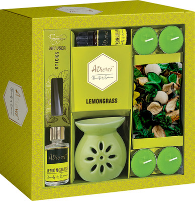 Aireva Lemon Grass Perfume 30ML, 4 T-Lights, 1 unglazed Ceramic, 10ML Vaporizer Oil Diffuser Set Lemon Grass Reed Diffuser Gift Set Elevate your space with the fresh, invigorating scent of our Lemongrass Reed Diffuser Gift Set. This elegant set features a premium diffuser bottle filled with a blend 