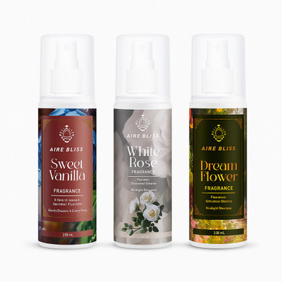 AIRE BLISS Rose, Sweet Vanilla, Dream Flower Spray Premium Room Freshener Spray Combo of 3 (200ml each) | White Rose, Sweet Vanilla, Dream Flower Fragrances | Long - lasting Odour Eliminator For Home, Hotel Room, & Office(3 x 200 ml)