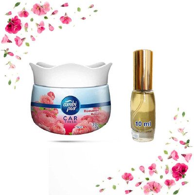 Ambipur Car Air Freshener Gel Rose (75g) Fasli Gulab Car Perfume (10ml) Combo Car Freshener Spray, Aroma Oil, Blocks Essential Oil Floral Aroma for Car Interiors(2 x 1 Units)