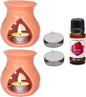 PeepalComm Set Of 2 Ceramic Aroma Red Diffuser Oil Burner with Rose Aroma Oil, Refill Aroma Oil, Diffuser Set Combo-8cm Set Of 2 Home Luxury Scented Oil Burner Diffuser With 1 Rose 15ml Aroma Oil And 2 T-light Candles A1(1 Units)