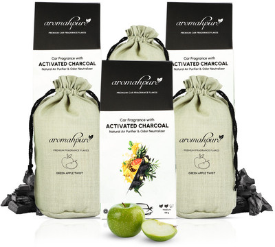 Aromahpure Premium Car Perfume Flakes with Activated Charcoal|Green apple Fragrance Diffuser Green apple Flakes with Activated Charcoal (100 Grams)(3 x 100 g)